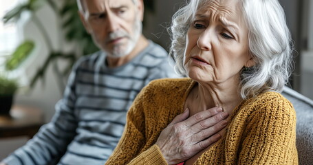 Senior woman touching chest in discomfort while partner looks concerned at home.