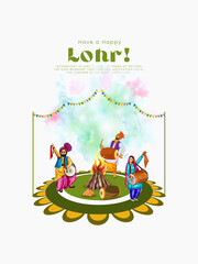Happy Lohri or Lohri with creative concept. Festival of Punjab India Lohri holiday Background with rangoli, Lohri celebration group of people playing dance. Greeting card, 3d vector illustration.