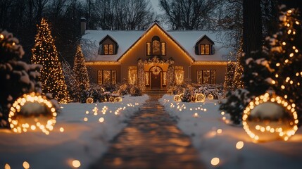 Christmas lights, large ornaments and decorations on snowy house exterior at night, winter holiday seasonal decor