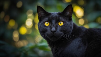 Fototapeta premium Black cat yellow eyes peering from the darkness