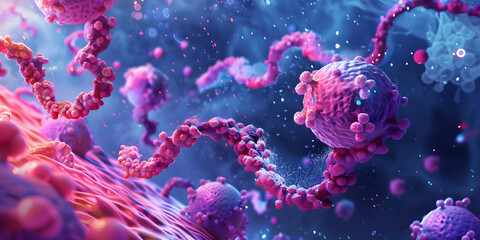 Obraz premium Protein Structure Illustration: Microscopic View of Molecular Biology and Cellular Interactions