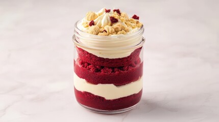 Delicious layered red velvet cake in a glass jar.