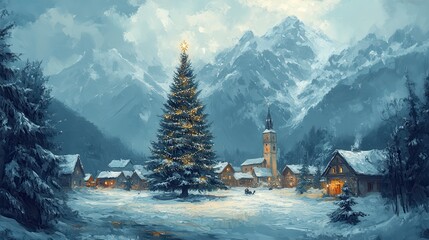 Fototapeta premium Beautiful village with a huge and beautiful christmas tree in painting style. Created using generative AI technology
