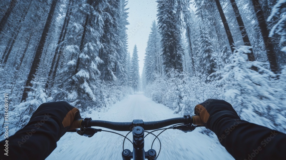 Poster riding a bike down a snow-covered path in a dense forest, surrounded by tall trees blanketed in whit