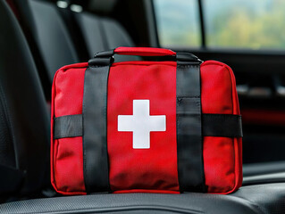 Red first aid kit with white cross placed on car seat, ready for emergencies
