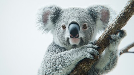 Naklejka premium Koala gripping a tree branch isolated on a white background. Image made using Generative AI