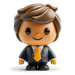 Cheerful 3D cartoon businessman with brown hair, wearing a black suit and orange tie, isolated on white background.