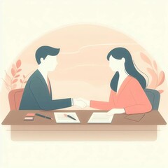 Fototapeta premium A simple flat illustration of a business negotiation, featuring two people shaking hands over a desk with documents. Smooth, minimalistic lines and soft pastel colors define the scene