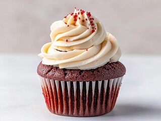 Delicious red velvet cupcake with cream cheese frosting on top.