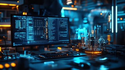 The setup is in a high-tech lab with ambient blue lighting, and features intricate glowing components and advanced circuitry.