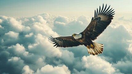 Naklejka premium Eagle soaring majestically above fluffy clouds
