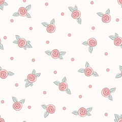 Vector illustration. Seamless pattern of delicate pink small roses on a pastel background, blooming flowers. Cottagecore pattern. Printing on textiles, packaging, fabric design, sublimation printing