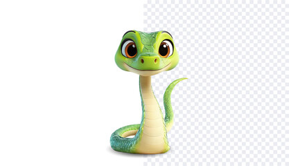 Adorable green cartoon snake with big expressive eyes and a playful pose, isolated on a transparent background for versatile use  postcard template for congratulations on 2025. 3D vector illustration