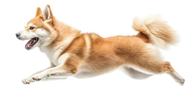 Shiba Inu dog jumping, side view, isolated on a completely white clean background