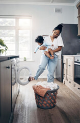 Woman, baby and phone call with laundry in home, household tasks and remote communication for work....