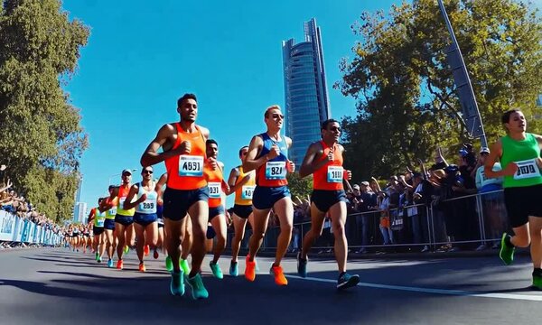 A group of runners participating in a marathon on a sunny day with spectators cheering.