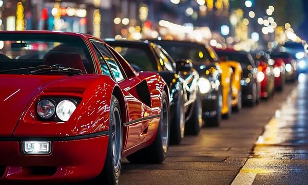 A lineup of vibrant sports cars parked on a city street illuminated by lights at night.