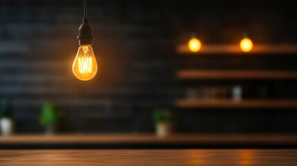 A warm, glowing light bulb hangs against a blurred dark background, ideal for interior design, ambiance settings, or lighting concepts, Perfect for articles or blogs about home dÃ©cor or inspiration,