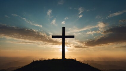 Cross silhouetted against a hilltop, bathed in soft evening light , surrounded by a tranquil landscape that evokes a sense of reflection and spirituality