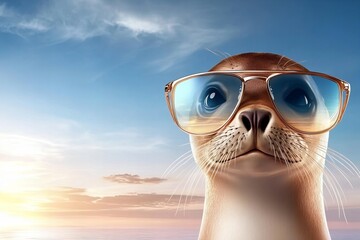Fototapeta premium Cool seal wearing sunglasses with ocean background at sunset