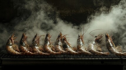Succulent Grilled Shrimp in a Smoky Kitchen Setting