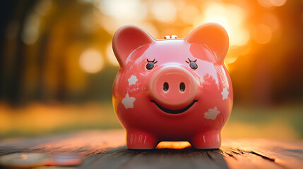 Obraz premium Cheerful piggy bank on a wooden table during sunset in a peaceful outdoor setting. Generative AI
