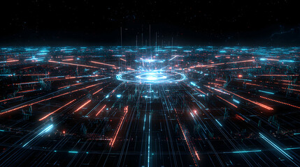 Obraz premium Abstract digital city scape, glowing lines and nodes represent data flow, futuristic technology concept.