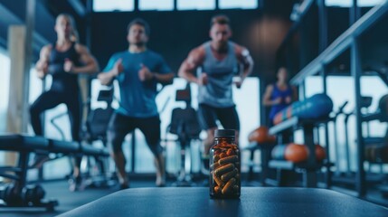 Fototapeta premium Dynamic Group Workout in Modern Gym Setting with Vitamins Highlighted