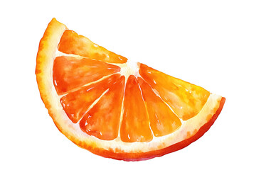 Detailed watercolor illustration of a juicy orange slice with bright colors and a realistic depiction of its pulp and rind. Isolated on transparent background, png.