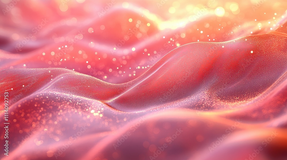 Poster the background features waves of pink and red hues with glowing particles and a soft bokeh effect.
