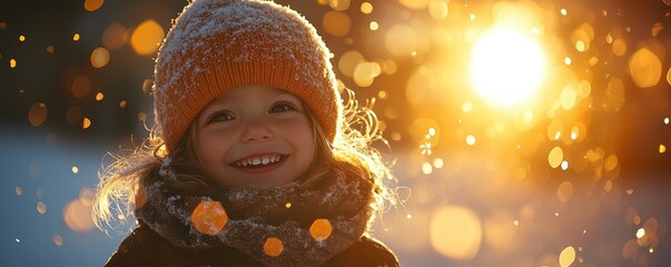 A joyful child playing in the snow, capturing the magic of winter with sparkling snowflakes and warm sunlight.