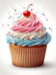 Delicious cupcake with pink, white, and blue frosting, topped with a cherry and sprinkles.