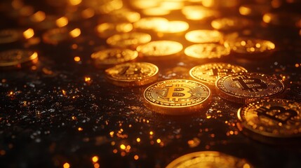 Generative AI image of crypto currency gold color round shaped Bitcoins placed on hard surface in reflecting neon lights against black background