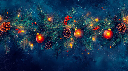 Seamless decorative Christmas border with coniferous branches and garlands of Christmas lights and ornaments cosmetics festival perfume