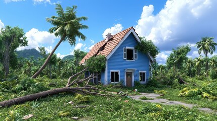 Fototapeta premium As a result of a natural disaster, a fallen tree on a house roof symbolizes the need for disaster recovery and emergency response.