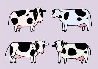 Cute cow, cattle cartoon icon character maskot vector illustration collection. Isolated on background.