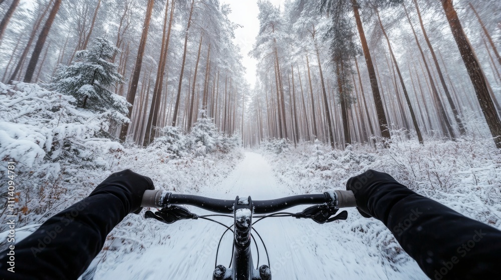 Poster Riding a bike along a snowy path through a dense forest. Snow-covered trees line both sides, and visibility is reduced by falling snow, creating a serene winter atmosphere.