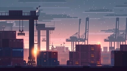 Fototapeta premium Bustling industrial shipping port at dusk with cityscape skyline and cargo cranes Global logistics transportation and trade concept with urban architecture and business activity