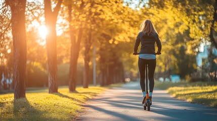 Obraz premium Photo of a woman riding a scooter along a tree-lined path, with sunlight filtering through the leaves. 