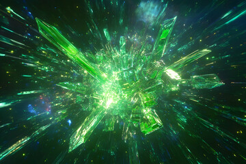 Naklejka premium Exploding green crystal cluster, abstract 3D render, vibrant energy, futuristic design, glowing shards, dark background, dynamic motion.