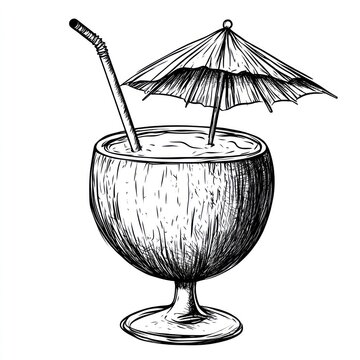 recommend clip art: Hand-drawn illustration of a coconut cocktail with umbrella and straw.