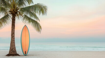 Surfboard by Palm Tree at Tranquil Beach Sunrise