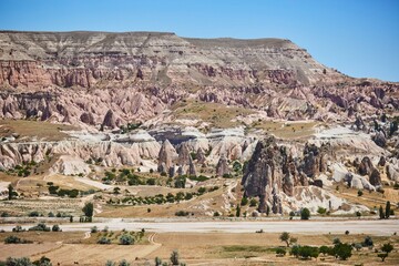Mountain landscape in Cappadocia, Central Anatolia region, Turkey. Tuff mountains.