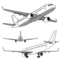 Passenger airplanes realistic set on transparent with airliners in different point of view isolated