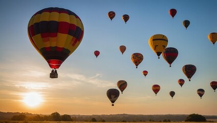 Fototapeta premium Hot air balloons hovering in the sky on sunrise
