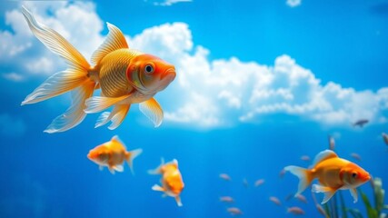 Fototapeta premium Close up of a vibrant goldfish swimming in an aquarium surrounded by lush green plants under a clear blue sky with fluffy clouds, swimming, aquarium, blue sky