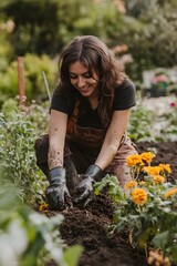 Photo of a woman planting flowers in a community garden, her hands covered in soil as she smiles at a fellow gardener