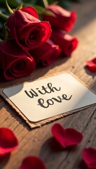 red rose and message, card with the inscription &ldquo;With love&rdquo; is lying on a textured wooden table, red roses are neatly arranged and petals are scattered nearby, love, postcard, gift, celebration