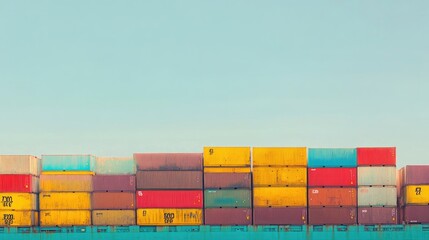 Fototapeta premium Cargo ship departing a dock, colorful containers stacked neatly, distant horizon visible under a clear sky, [shipping yard], [global commerce]