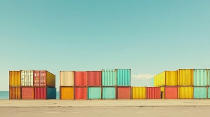 Fototapeta premium Cargo ship departing a dock, colorful containers stacked neatly, distant horizon visible under a clear sky, [shipping yard], [global commerce]